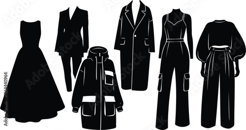 Collection of six modern women's fashion silhouettes, black vector icons of dresses, suits, and outerwear for apparel design isolated on white.