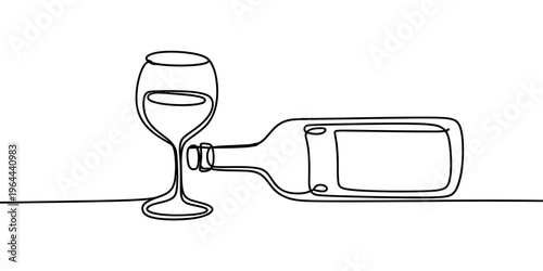 A continuous line drawing of a wine glass standing next to a horizontal bottle of wine on table