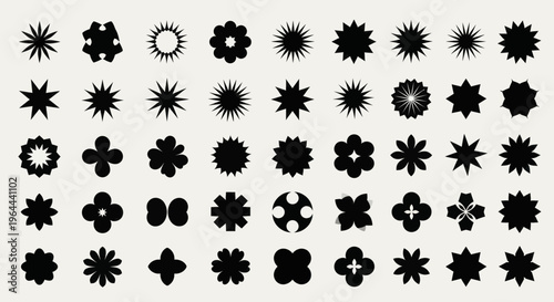 Collection of Diverse Black Starburst and Floral Shapes.