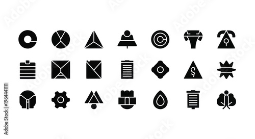 Collection of Diverse Geometric and Abstract Icons in Black Silhouette Style.