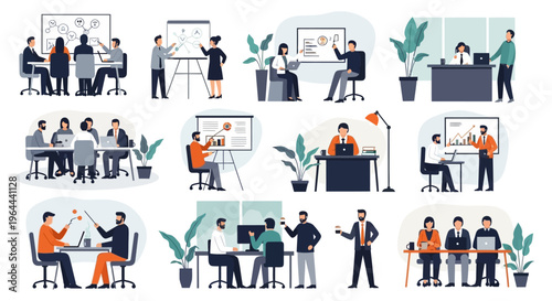 Diverse Business Scenarios and Professional Interactions in Office Environments.