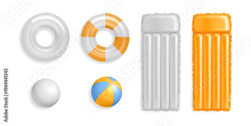 Inflatable beach elements for summer vacation, top view mockup. Vector realistic set of lifebuoy, ball for playing volleyball and mattress for swimming in pool or sea. Summertime relaxation