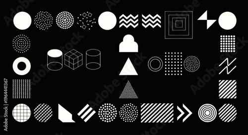 Collection of Geometric Shapes and Patterns on Black Background.