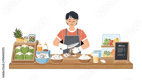 Coconut Artisan: An individual skillfully crafts fresh coconut pieces at a vibrant stand, offering a taste of tropical delight and culinary expertise.