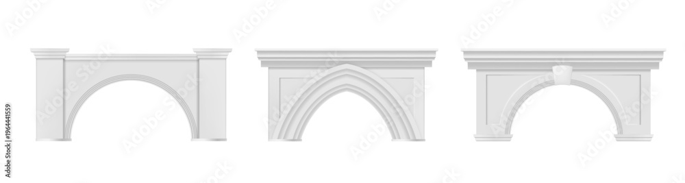 Fototapeta premium Antique realistic arches set. Vector curved brick structures to support weight. Medieval marble archway. Ancient columns and stone entrance gates of castles and palaces. Greek and Roman architecture
