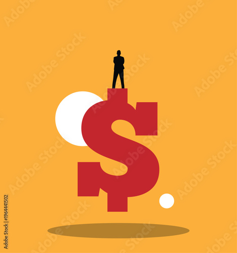 Successful Business Man Silhouette Standing on a Dollar Sign. Business and financial sales calculation, profit and commerce