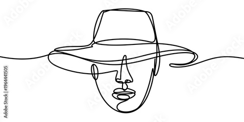Minimalist continuous line drawing of a person wearing a wide brimmed hat on a white background