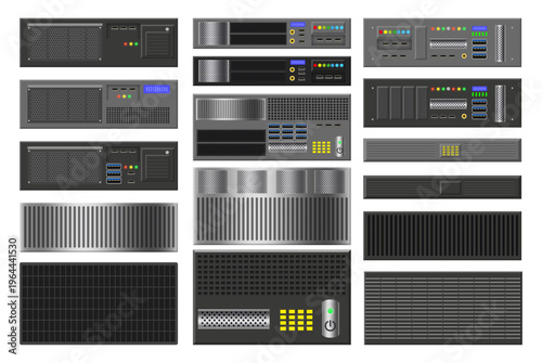 Server components set. Vector power buttons and connection ports, ventilation grids and cooling units. Technical hardware parts separated from main system. Data center equipment elements