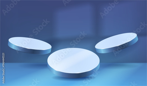 Floating podiums in air with light. Vector minimal 3D stage for product display and branding. Modern abstract scene with shadow and glow effect. Platform design for cosmetic showcase or advertising