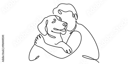 Minimalist continuous line art drawing of a person embracing their beloved pet dog with affection
