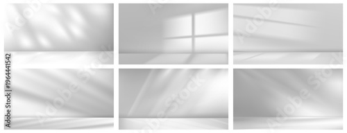 Studio background podium with realistic lighting and shadows. Vector monochrome smooth surfaces set with dramatic highlights. Product presentation and photography mockups collection