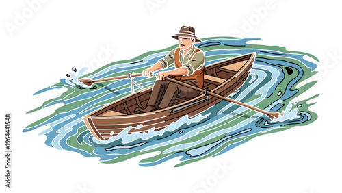 Man Rowing in Small Boat on Water: Capturing a solitary individual immersed in the act of rowing, gracefully navigating a small boat through tranquil waters.