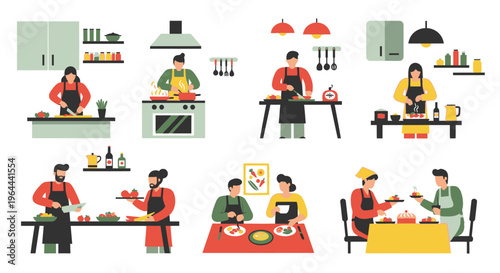 Diverse group of people cooking and dining in various kitchen settings.