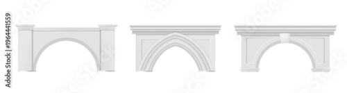 Antique realistic arches set. Vector curved brick structures to support weight. Medieval marble archway. Ancient columns and stone entrance gates of castles and palaces. Greek and Roman architecture