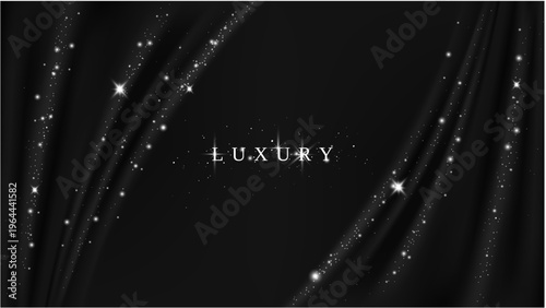 Velvet curtain backdrop with fabric folds and radiant particles glow. Vector premium award presentation template. Background texture for elegant branding and ceremonial design concept