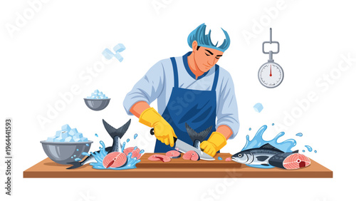 Precision of a Culinary Artisan: A chef diligently fillets a fresh fish on a wooden cutting board, the image captures his expertise and the essence of culinary artistry.