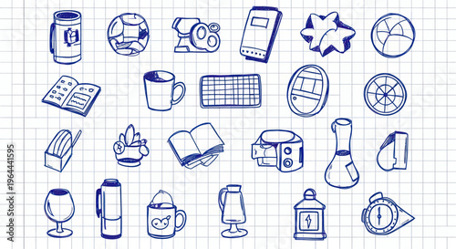 Collection of Hand Drawn Doodle Icons on a Grid Background.