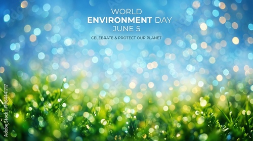World Environment Day Celebration: Celebrate and protect our planet, with a blurred background showing green grass and sparkling lights, perfect for promoting environmental awareness.