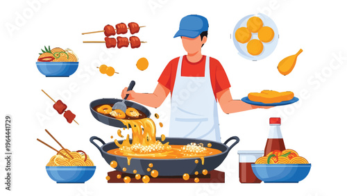 Chef in the Kitchen: An energetic chef surrounded by an array of delectable culinary creations. A visual treat for food enthusiasts.