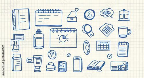 Collection of Hand Drawn Icons Representing Business and Productivity Tools.