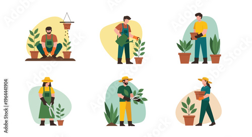 Diverse Group of People Engaged in Gardening and Plant Care Activities.