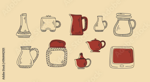 Collection of Hand-Drawn Ceramic and Glass Containers.