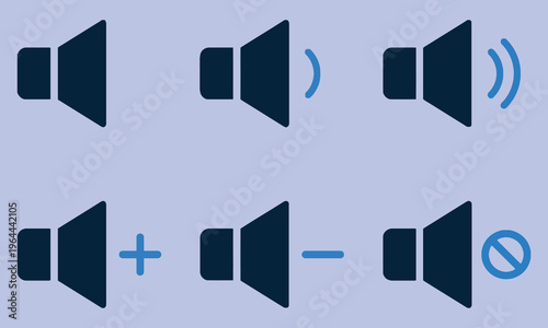 Set of six sound volume icons showing different levels and mute