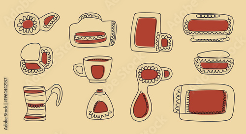 Collection of Hand-Drawn Ceramic Kitchenware and Utensils.