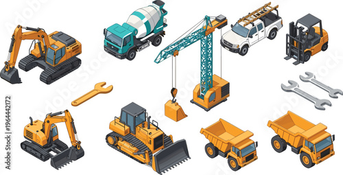 Isometric Construction Vehicle Set Featuring Tower Crane Cement Mixer Excavator Bulldozer Dump Truck Forklift and Pickup Truck for Industrial Building Site Logistics Vector Illustration