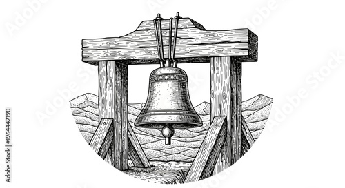 Vintage Engraving of a Bell on a Wooden Stand.