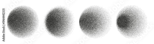 Gradient circle, isolated collection of gradation circlets with grain noise texture. Vector monochrome blend mesh of noise dots. Blur round shapes smooth transition. Single color spotlight