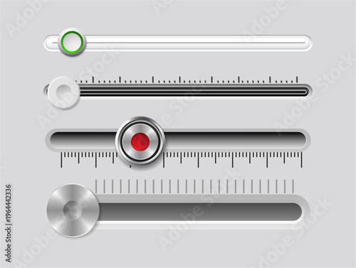 Adjustable sliders with round buttons. Vector realistic metallic bars and precise measurement lines. Interface elements collection in vertical layout. Equalizer or mixer control panels