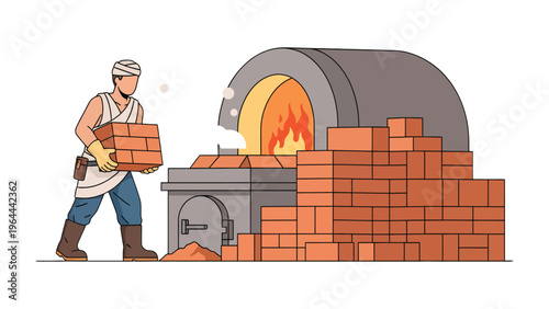 Crafting Heat: A worker skillfully builds a brick oven, tending to the fiery heart within, ready to bring warmth and culinary delights.
