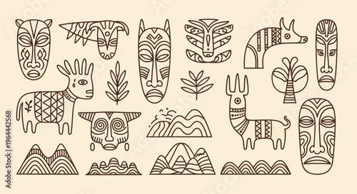 Collection of Hand-Drawn Tribal Masks and Animals in Doodle Style.