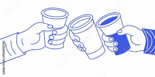 A cheerful illustration of hands clinking coffee cups together