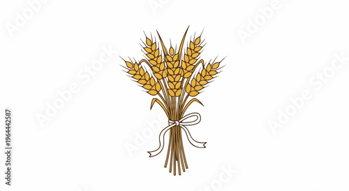 Stylized illustration of a golden wheat sheaf tied with a decorative ribbon, representing harvest, agriculture, baking, and organic food concepts.