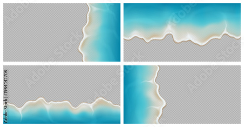 Seascape view, set of sea or ocean waves surfaces with bubbles and foam. Vector realistic style. Top view on coastline, shore maritime atmosphere. Aquatic nature and tourism, summer vacation