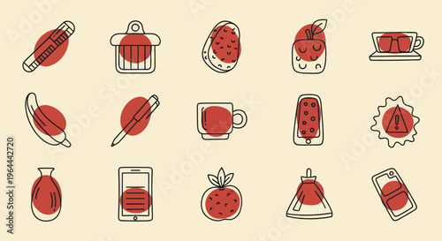 Collection of stylized food and drink icons with red accents.