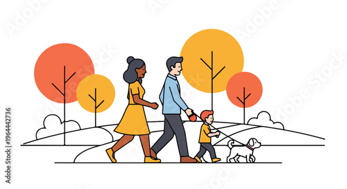 Diverse family walking their dog in a park during autumn, flat design illustration