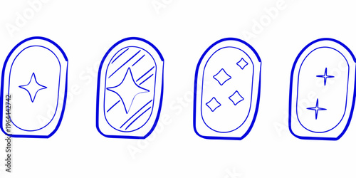 Four blue outlined oval shapes with unique internal geometric designs