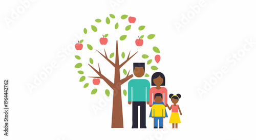 Stylized illustration of a diverse family standing under a tree with apples, representing growth and connection