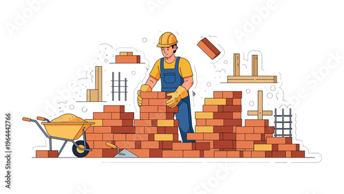 Crafting Progress: A diligent builder meticulously places each brick, constructing a robust wall with precision and dedication.