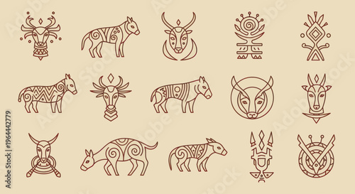 Collection of stylized tribal animal and mythological creature illustrations.