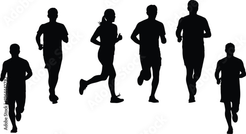 Collection of six runners in motion silhouettes, black vector icons of men and women running and jogging isolated on white.