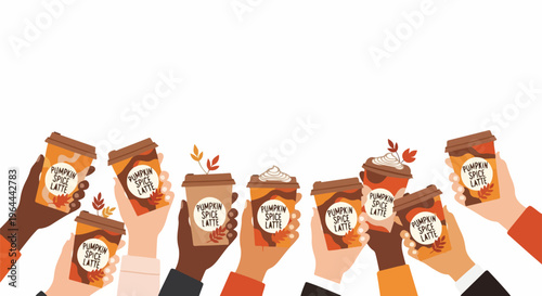 Diverse hands holding many cups of coffee with autumn leaves, celebrating fall season and coffee culture
