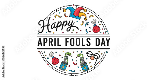 Colorful circular logo celebrating Happy April Fools Day with playful typography and illustrations on a white background