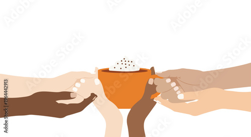 Diverse hands holding a cup of coffee, symbolizing unity, community, and shared experience