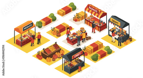 Isometric illustration of a vibrant outdoor market scene with stalls selling produce, crafts, and baked goods, people shopping.