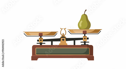 Vintage balance scale with a single green pear on one side, illustrating concepts of weight, measurement, and imbalance against a clean white background.
