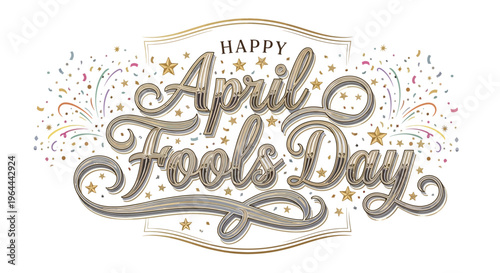 Colorful April Fools' Day typography with festive confetti and stars in a circular logo style for social media and celebration design